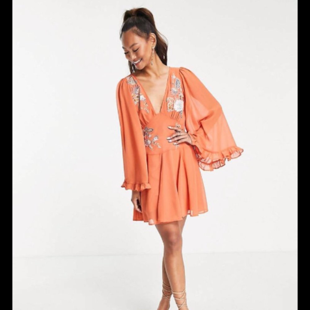 ASOS DESIGN embroidered mini skate dress with flared sleeves - US 6